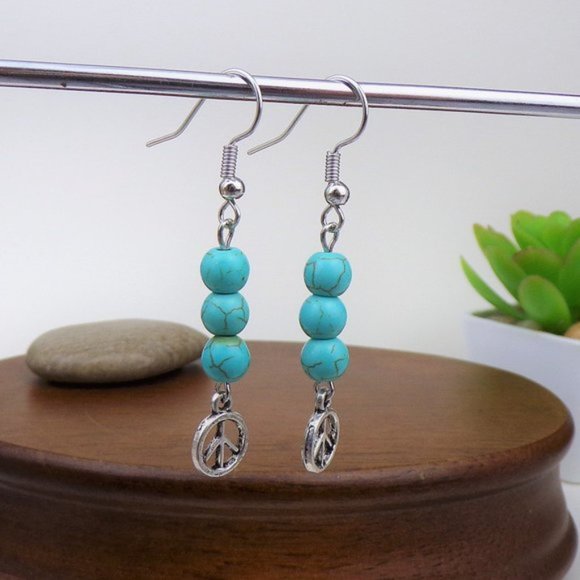 Turquoise Bead & Peace Charm Earrings - Picture 3 of 3
